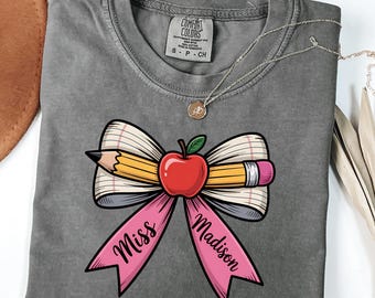 Custom Teacher Name Bow PNG | Personalized Teacher Apple Pencil Ribbon Design for Sublimation & Gifts