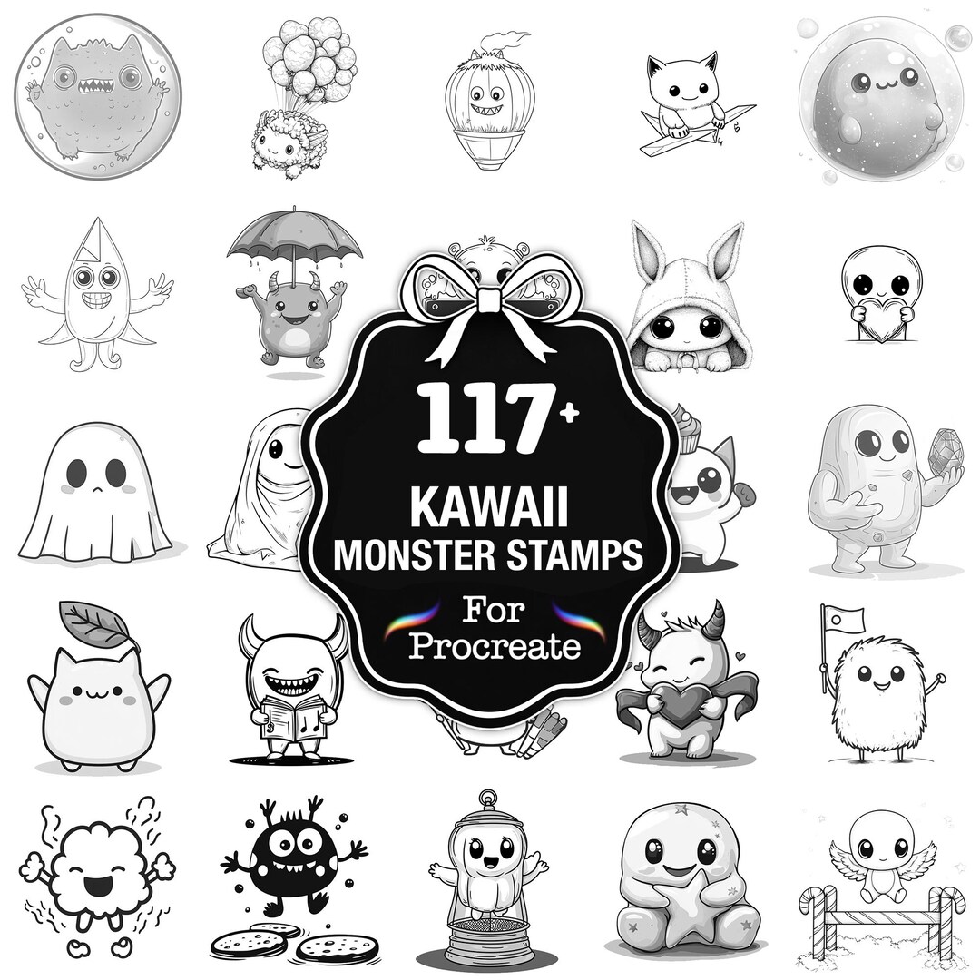 109+ Kawaii Monster Procreate Stamps, Monster PNG Bundle, Instant ...