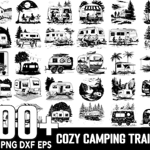 Peut inclure: Une collection de plus de 100 illustrations en noir et blanc de caravanes de camping confortables. Les illustrations présentent diverses scènes de camping, notamment des caravanes dans les bois, au bord du lac et à la montagne. Les illustrations sont parfaites pour une utilisation dans le scrapbooking numérique, la fabrication de cartes et d'autres projets d'artisanat.