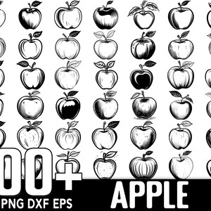 May include: A set of 100+ black and white apple illustrations. The apples are drawn in a variety of styles, including simple outlines, detailed drawings, and vintage-inspired designs. The text "100+ APPLE" is at the bottom of the image. The text "SVG PNG DXF EPS" is below the text "100+ APPLE".