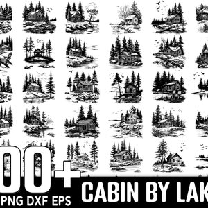 100+ Cabin by Lake Scene SVG-bundel, Instant Digitale Download, PNG, SVG Cut-bestanden