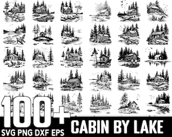 100+ Cabin by Lake Scene SVG-bundel, directe digitale download, PNG-, gesneden SVG-bestanden