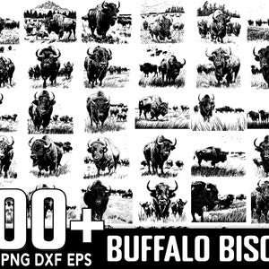 May include: A black and white digital illustration of 100+ buffalo or bison in various poses. The image is a collection of silhouette style illustrations of buffalo or bison.