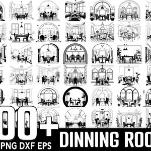 May include: A collection of 100+ black and white SVG, PNG, DXF, and EPS vector illustrations of dining rooms. The illustrations feature various styles of dining tables, chairs, and windows.