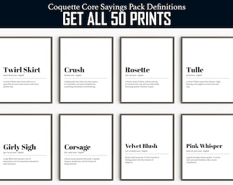 Paquete de frases de Coquette Core, 60 láminas de arte mural imprimibles con definiciones, frases de estética suave, decoración vintage femenina, descarga instantánea