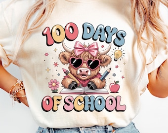 100 giorni di scuola PNG / Simpatica mucca delle Highlands con matite e occhiali, design a sublimazione per magliette per bambini o insegnanti