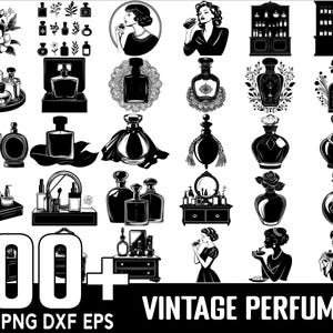 May include: A collection of 100+ vintage perfume bottle silhouettes in black and white. The images include bottles, stoppers, and other perfume-related items. The text "100+ Vintage Perfume" is at the bottom of the image. The text "SVG PNG DXF EPS" is at the bottom of the image.