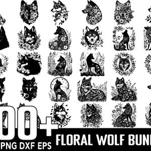 Può includere: Un set di oltre 100 illustrazioni di lupi floreali in bianco e nero. I lupi sono raffigurati in varie pose e circondati da motivi floreali. Le illustrazioni sono perfette per progetti di artigianato, design digitali e altro ancora.