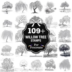 May include: A collection of 109+ willow tree stamps for Procreate, displayed in black and white. The image features various illustrations of willow trees, showcasing different styles and perspectives.