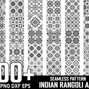 May include: A set of 100+ black and white seamless patterns featuring Indian Rangoli art. The patterns are intricate and detailed, and would be perfect for use in a variety of projects, such as fabric, wallpaper, or digital design.  SVG PNG DXF EPS