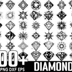 May include: A collection of 100+ black and white diamond illustrations. The diamonds are in various shapes and styles, including geometric, ornate, and abstract. The text "100+ DIAMOND SVG PNG DXF EPS" is at the bottom of the image.