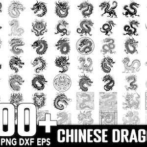 Op de afbeelding: Een verzameling van meer dan 100 zwart-wit vectorillustraties van Chinese draken in verschillende poses. De illustraties zijn in SVG, PNG, DXF en EPS formaten.