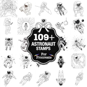 Può includere: Una collezione di 109+ timbri di astronauti per Procreate, con varie illustrazioni in bianco e nero di astronauti. I timbri includono astronauti con tute spaziali, in stazioni spaziali e fluttuanti nello spazio.