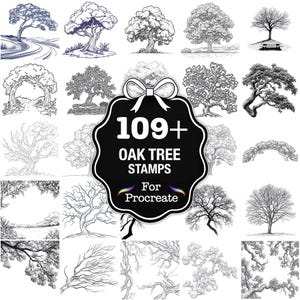 Könnte beinhalten: Eine Sammlung von 109+ Eichenbaum-Stempeln für Procreate, dargestellt in Schwarzweiß. Das Bild zeigt verschiedene Baumillustrationen, darunter detaillierte Zeichnungen von Ästen, ganzen Bäumen und von Bäumen gesäumten Pfaden. Ein zentrales Abzeichen hebt das Produkt hervor.