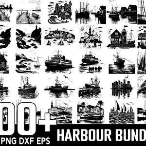 May include: A black and white digital illustration bundle of 100+ harbor scenes. The illustrations feature boats, ships, docks, and buildings. The illustrations are perfect for creating digital designs, crafts, and more.