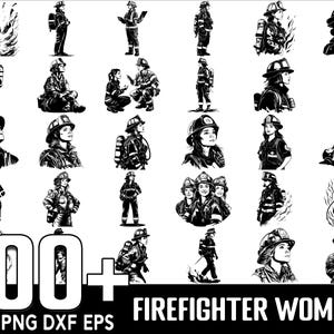 May include: A collection of 100+ black and white vector illustrations of firefighters. The illustrations feature firefighters in various poses, including standing, kneeling, and holding equipment. The illustrations are perfect for use in a variety of projects, such as t-shirts, mugs, and stickers.