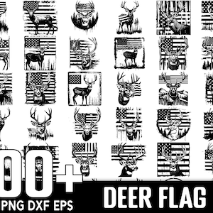 May include: A collection of 100+ black and white digital designs featuring deer silhouettes on an American flag background. The designs are perfect for crafting projects, scrapbooking, and more.