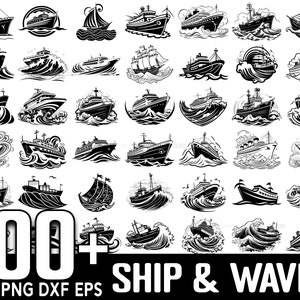 May include: A collection of 100+ black and white vector illustrations of ships and waves. The images are ideal for use in digital projects, crafts, and more.
