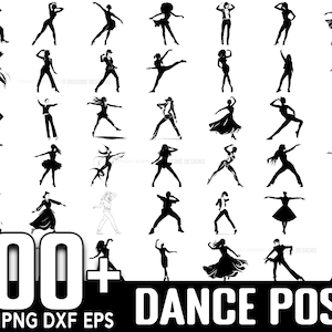 May include: A set of 100+ black and white silhouette images of people in various dance poses. The images are perfect for use in digital design projects, such as creating invitations, cards, or social media graphics.