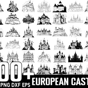 May include: A collection of 100+ black and white illustrations of European castles. The images are in a variety of styles, from simple line drawings to more detailed illustrations.  SVG PNG DXF EPS