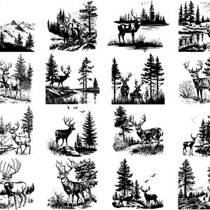 Puede incluir: Una colecci&oacute;n de 12 ilustraciones en blanco y negro que representan ciervos en diferentes entornos forestales. Los ciervos se representan de forma estilizada, casi de dibujos animados, con grandes cuernos y ojos expresivos. Las ilustraciones se sit&uacute;an sobre un fondo de &aacute;rboles, monta&ntilde;as y r&iacute;os, creando una sensaci&oacute;n de naturaleza salvaje y tranquilidad.