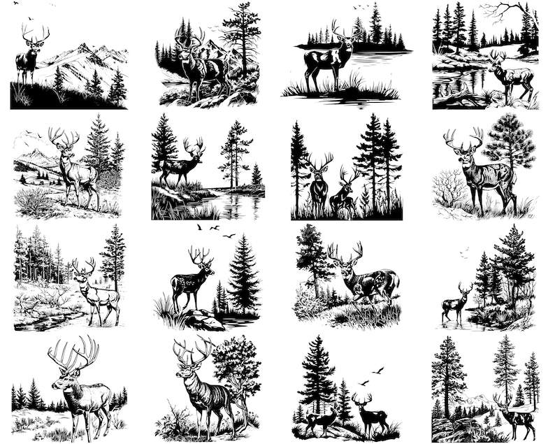 Puede incluir: Una colecci&oacute;n de 12 ilustraciones en blanco y negro que representan ciervos en diferentes entornos forestales. Los ciervos se representan de forma estilizada, casi de dibujos animados, con grandes cuernos y ojos expresivos. Las ilustraciones se sit&uacute;an sobre un fondo de &aacute;rboles, monta&ntilde;as y r&iacute;os, creando una sensaci&oacute;n de naturaleza salvaje y tranquilidad.