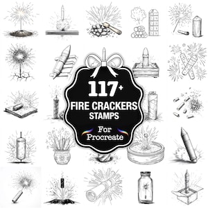 May include: A collection of 117+ firecracker stamps for Procreate, illustrated in black and white. The image features various firework designs, including rockets, sparklers, and exploding bursts, perfect for digital art projects.