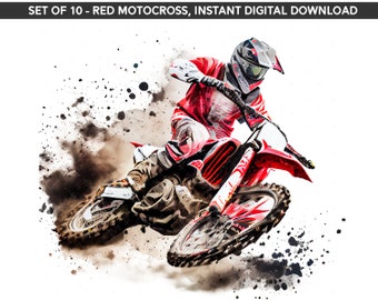 Czerwony motocross, wysokiej jakości pakiet obrazów motocykli terenowych w formacie PNG, zestaw 10 sztuk, natychmiastowe pobranie cyfrowe