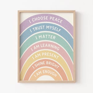 Regenbogen Affirmationen Poster für Kinder - I Am Enough Zitat, Positives Klassenzimmer Wandkunst, motivierende Spielzimmer druckbar, Be Yourself Decor
