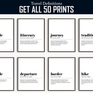 Reisdefinities | 60 unieke positieve afdrukken | Wanderlust kunst aan de muur | Afdrukbare reiscitaten | Definitieposterset
