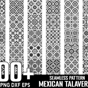 May include: A collection of over 100 black and white seamless Mexican Talavera patterns. The patterns feature various floral and geometric designs, perfect for digital art and design projects. The image includes the text "100+" and file type options.