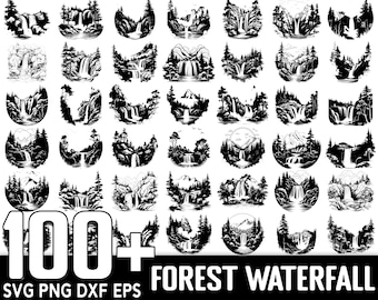 May include: A collection of 100+ black and white illustrations of forest waterfalls. The illustrations are in a circular shape and feature various styles of waterfalls, trees, and mountains.