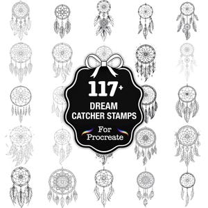 May include: A collection of black and white dream catcher stamps. The image features various designs of dream catchers with feathers, displayed around a central graphic that reads "117+ DREAM CATCHER STAMPS For Procreate".