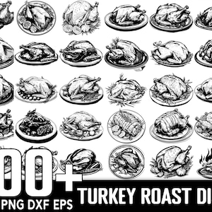 May include: A black and white illustration set of 100+ turkey roast dish designs. The illustrations are in a vintage style and feature turkeys in various poses, including standing, sitting, and flying. The designs are perfect for use on a variety of crafts and projects, such as t-shirts, mugs, tote bags, and more.