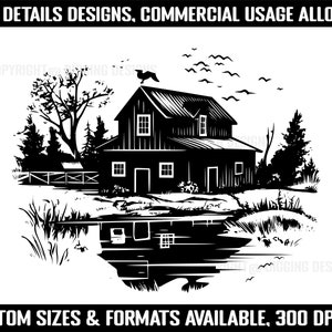 May include: Black and white illustration of a farmhouse with a pond in front of it. The farmhouse has a gabled roof and a chimney. There are trees surrounding the farmhouse and pond. The text "HIGH DETAILS DESIGNS, COMMERCIAL USAGE ALLOWED" is at the top of the image. The text "CUSTOM SIZES & FORMATS AVAILABLE, 300 DPI HQ" is at the bottom of the image.