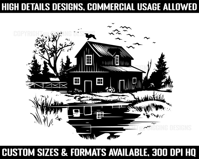 May include: Black and white illustration of a farmhouse with a pond in front of it. The farmhouse has a gabled roof and a chimney. There are trees surrounding the farmhouse and pond. The text "HIGH DETAILS DESIGNS, COMMERCIAL USAGE ALLOWED" is at the top of the image. The text "CUSTOM SIZES & FORMATS AVAILABLE, 300 DPI HQ" is at the bottom of the image.