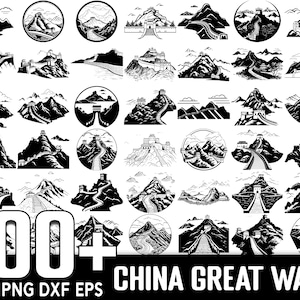 May include: A collection of 100+ black and white vector illustrations of the Great Wall of China. The images depict various angles and perspectives of the wall, including close-ups of watchtowers and sections of the wall winding through mountains. The text "100+ CHINA GREAT WALL" is displayed at the bottom of the image. The text "SVG PNG DXF EPS" is displayed below the text "100+ CHINA GREAT WALL".