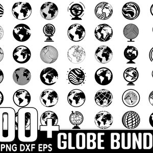 Puede incluir: Un paquete de diseño gráfico en blanco y negro de más de 100 ilustraciones de globos terráqueos. El paquete incluye varios diseños de globos, incluidos globos clásicos, globos con rayas y globos con los continentes delineados. El texto "100+ GLOBE BUNDLE" está en la parte inferior de la imagen. El texto "SVG PNG DXF EPS" está en la parte inferior de la imagen.
