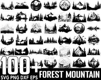 May include: A collection of 100+ black and white vector illustrations of forest and mountain scenes. The images are perfect for crafting, scrapbooking, and other creative projects. SVG PNG DXF EPS.