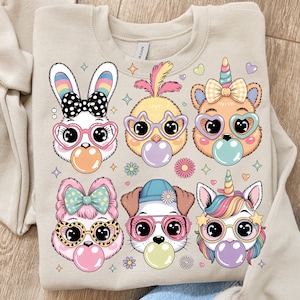 Cute Animal Faces PNG Bundle with Glasses and Bubble Gum | Kawaii Pastel Clipart Set for Kids Crafts Instant Download