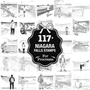 May include: Black and white illustrations of Niagara Falls scenes, including people viewing the falls, a boat, and a sign that reads "117+ Niagara Falls Stamps For Procreate."
