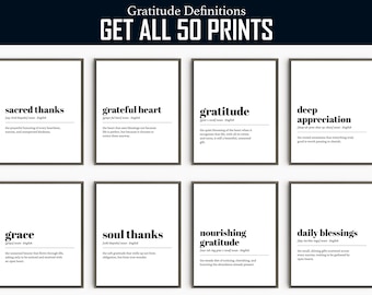 Dankbarkeit Definitionen | 60 lustige Drucke | Achtsame Wandkunst | Dankbare Zitate | Definition Poster Set