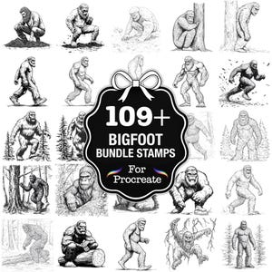 Puede incluir: Colección de ilustraciones de Bigfoot en blanco y negro en varias poses. Las imágenes muestran a Bigfoot caminando, agachado y de pie. La imagen central presenta el texto "109+ Bigfoot Bundle Stamps For Procreate."