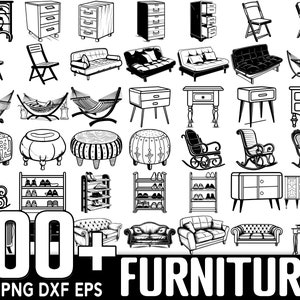 May include: A collection of 100+ black and white line drawings of furniture, including chairs, couches, tables, beds, and more. The image includes the text "100+ Furniture SVG PNG DXF EPS".