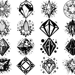May include: A collection of 16 black and white illustrations of various geometric shapes, including diamonds, stars, and crystals. The illustrations are stylized and have a vintage feel.