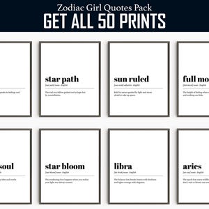 Paquete de citas de chicas del zodiaco, 60 láminas imprimibles de definición para pared, refranes astrológicos, decoración del horóscopo, estética celestial, descarga instantánea