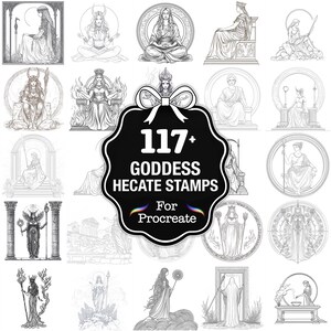 Puede incluir: Una colección de 117+ sellos de la Diosa Hécate para Procreate, con varias ilustraciones de línea de diosas en diferentes poses. Las imágenes son en blanco y negro, con detalles intrincados y un estilo de arte clásico.