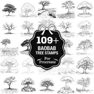 Puede incluir: Una colección de 109+ sellos de árboles Baobab para Procreate, mostrados en una cuadrícula. Los sellos son dibujos lineales en blanco y negro de varios árboles de baobab, que muestran diferentes formas y tamaños. Una etiqueta en blanco y negro con el texto "109+ BAOBAB TREE STAMPS For Procreate" está en el centro.