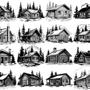May include: A collection of 12 black and white illustrations of log cabins in a forest setting. Each cabin has a unique design and is surrounded by trees.