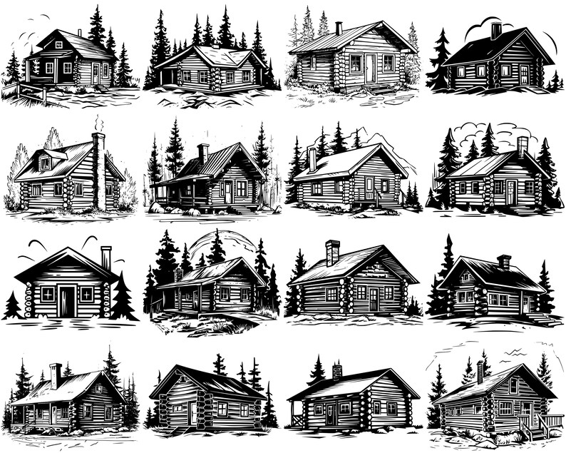May include: A collection of 12 black and white illustrations of log cabins in a forest setting. Each cabin has a unique design and is surrounded by trees.